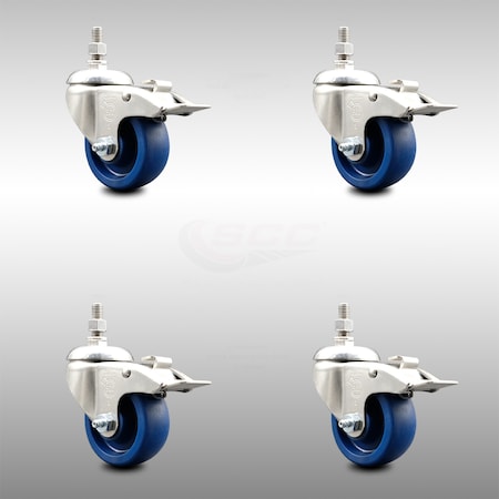 Service Caster 3 Inch 316SS Solid Polyurethane Wheel Swivel 10mm Stem Caster Set Lock Brake SCC-SS316TSTTL20S314-SPUS-M1015-4